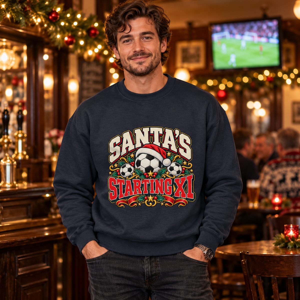 Man wearing Santa's Starting XI Men's Christmas Football Sweatshirt in New French Navy in a festive lifestyle setting