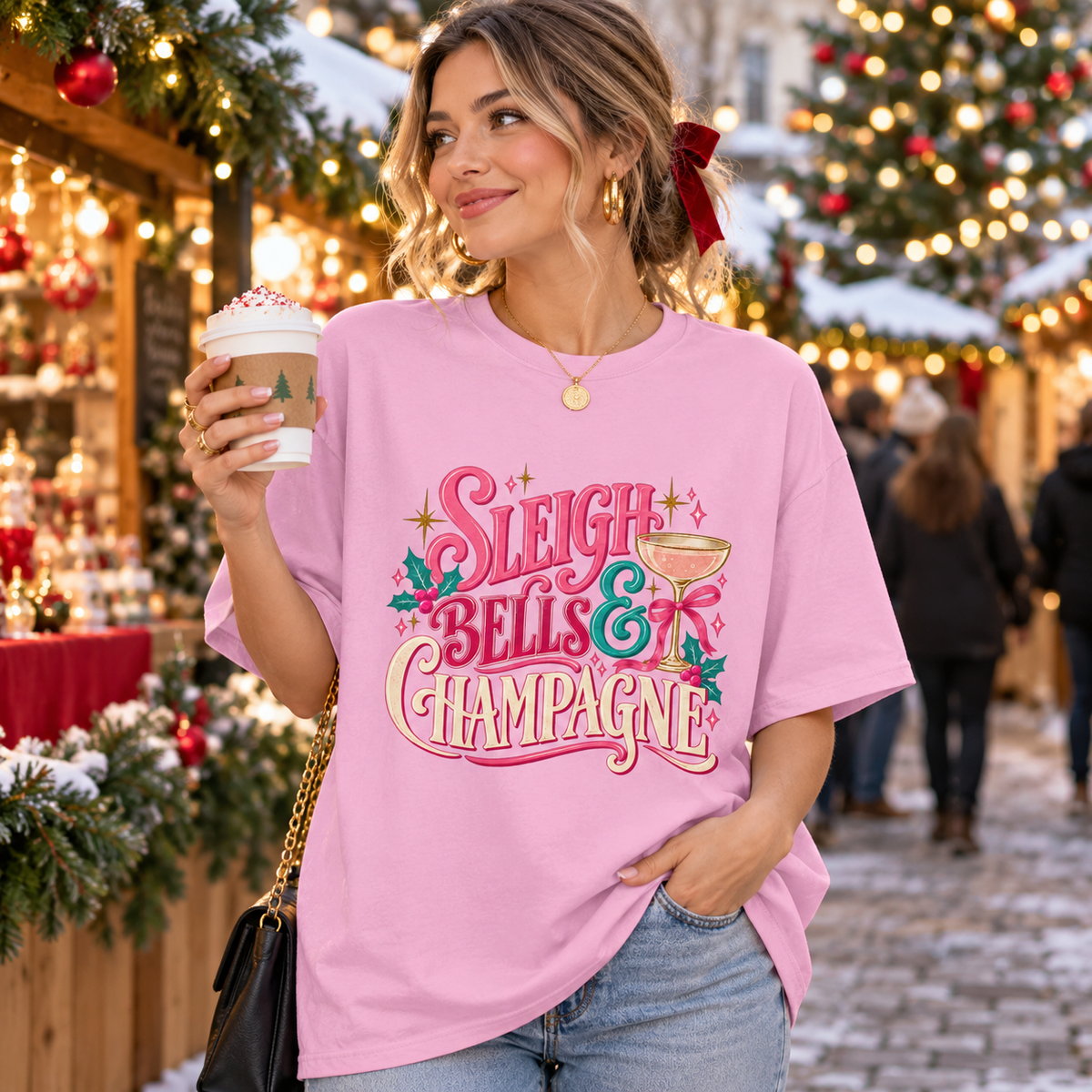 Sleigh Bells and Champagne in Light Pink – festive lifestyle photo