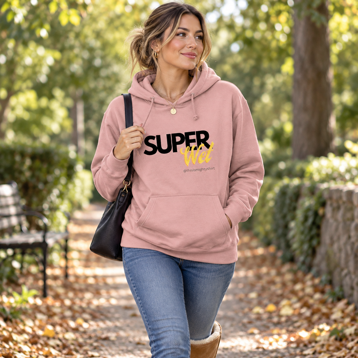 SUPERWet Women's College Hoodie – Funny Slogan Gift for Her, lifestyle view 4