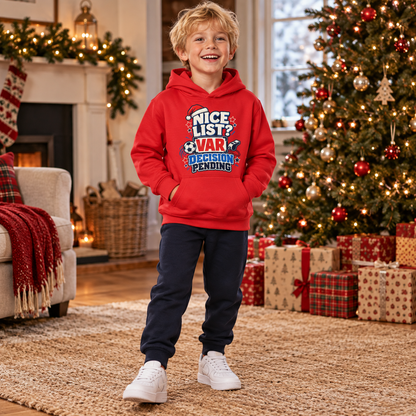VAR Football Boys Christmas Hoodie in Fire Red – boys' Christmas lifestyle photo