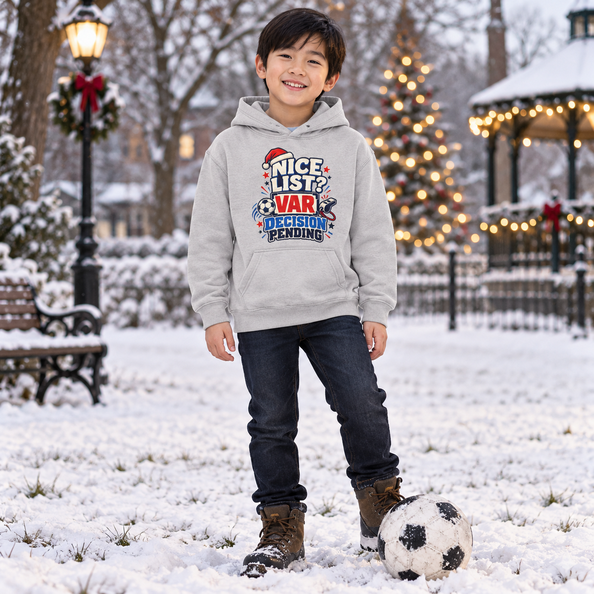 VAR Football Boys Christmas Hoodie in Heather Grey – boys' Christmas lifestyle photo