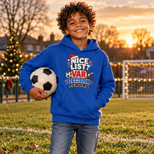 VAR Football Boys Christmas Hoodie in Royal Blue – boys' Christmas lifestyle photo