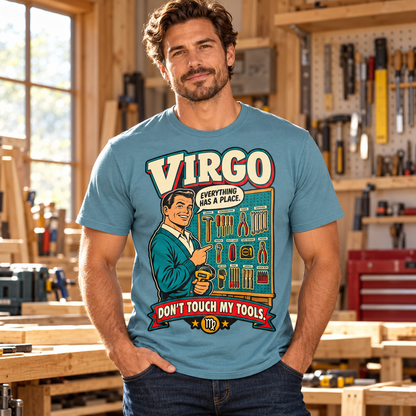 Virgo Don't Touch My Tools Men's T-Shirt in Stone Blue, lifestyle photo showing the original front design