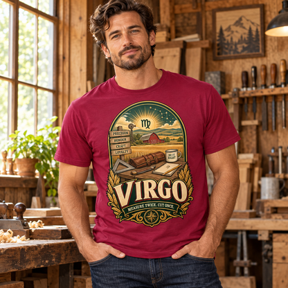 Virgo Measure Twice Men's T-Shirt in Antique Cherry, lifestyle photo showing the original front design