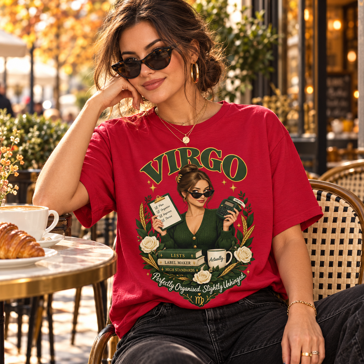 Virgo Perfectly Organised Women's T-Shirt – Forest & Gold in Cherry Red, lifestyle photo showing the original front design