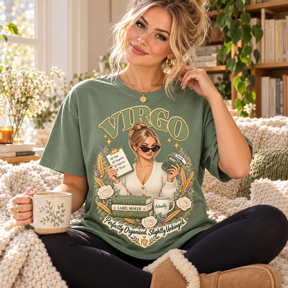 Virgo Perfectly Organised Women's T-Shirt – Sage & Cream in Sage, lifestyle photo showing the original front design