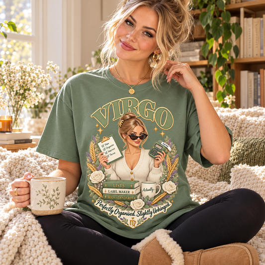 Virgo Perfectly Organised Women's T-Shirt – Sage & Cream in Sage, lifestyle photo showing the original front design