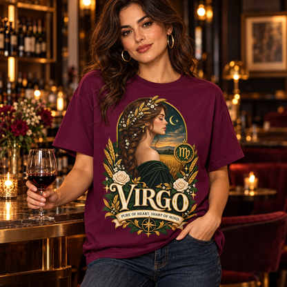 Virgo Pure of Heart Women's T-Shirt – Dark in Maroon, lifestyle photo showing the original front design