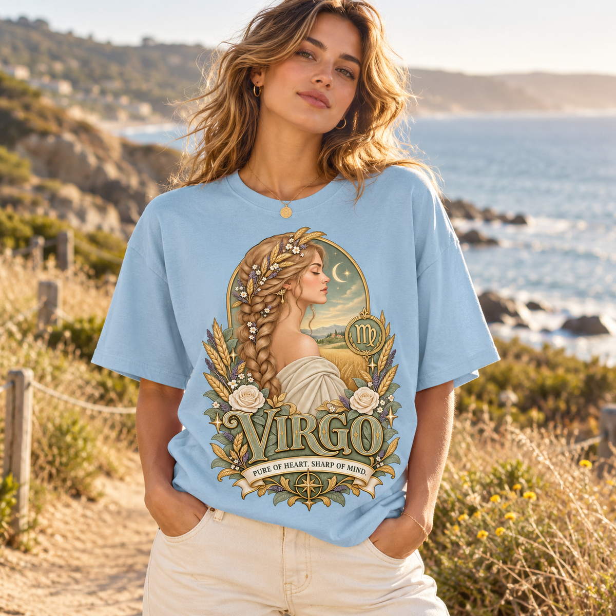 Virgo Pure of Heart Women's T-Shirt – Light in Light Blue, lifestyle photo showing the original front design