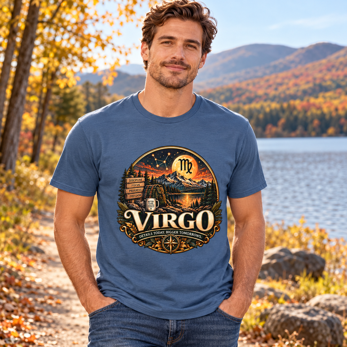 Man wearing the Indigo Virgo Wilderness Crest T-shirt beside an autumn lake