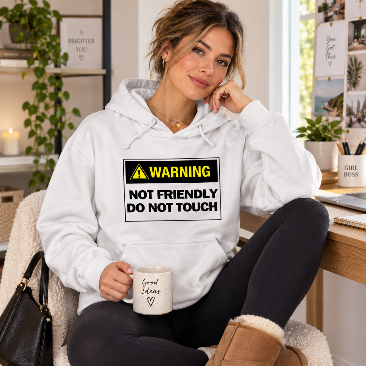 WARNING – DO NOT TOUCH Women's College Hoodie – Funny Slogan Gift for Her, lifestyle view 1