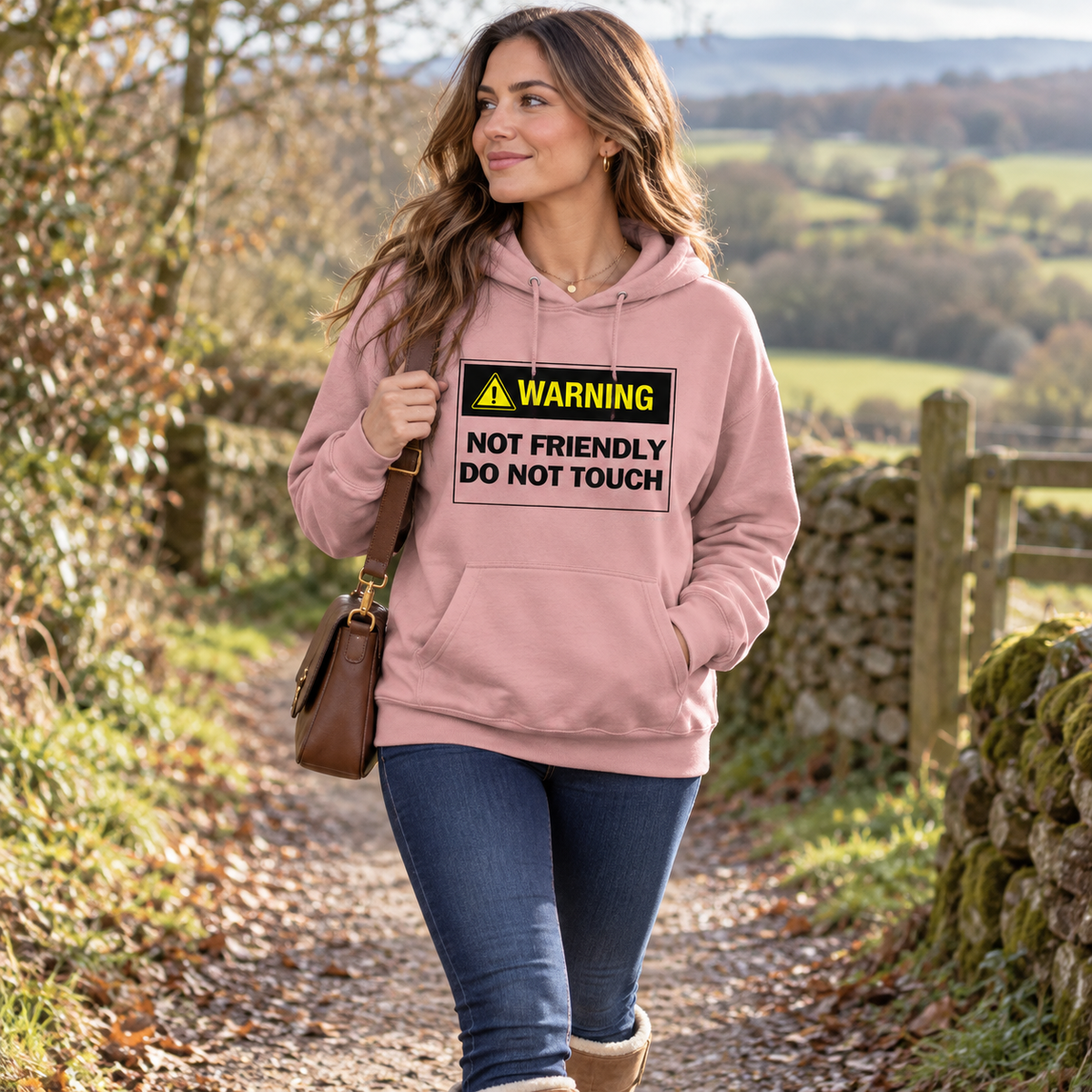 WARNING – DO NOT TOUCH Women's College Hoodie – Funny Slogan Gift for Her, lifestyle view 2