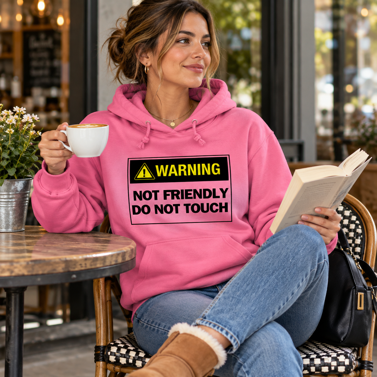 WARNING – DO NOT TOUCH Women's College Hoodie – Funny Slogan Gift for Her, lifestyle view 3