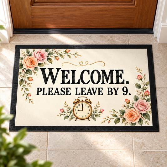 Welcome, Please Leave By 9 Floral Indoor Doormat in a styled lifestyle setting