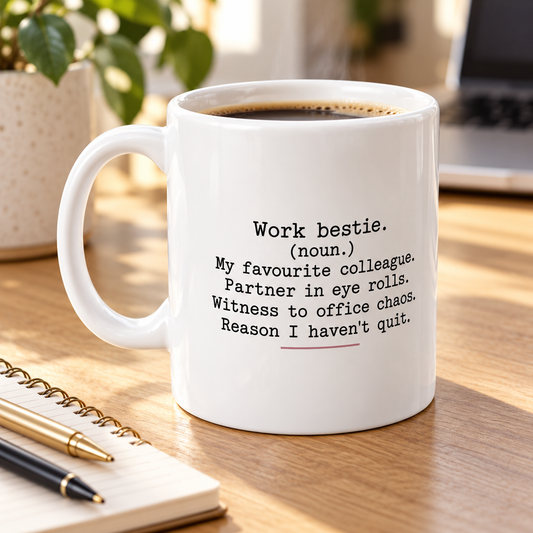 Work Bestie Definition Mug in a styled lifestyle setting